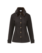 Veronica Beard Brown wool jacket with fur collar and gold buttons.