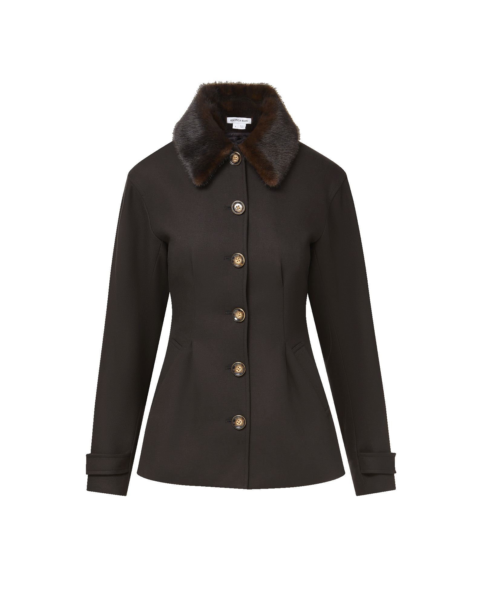 Veronica Beard Brown wool jacket with fur collar and gold buttons.