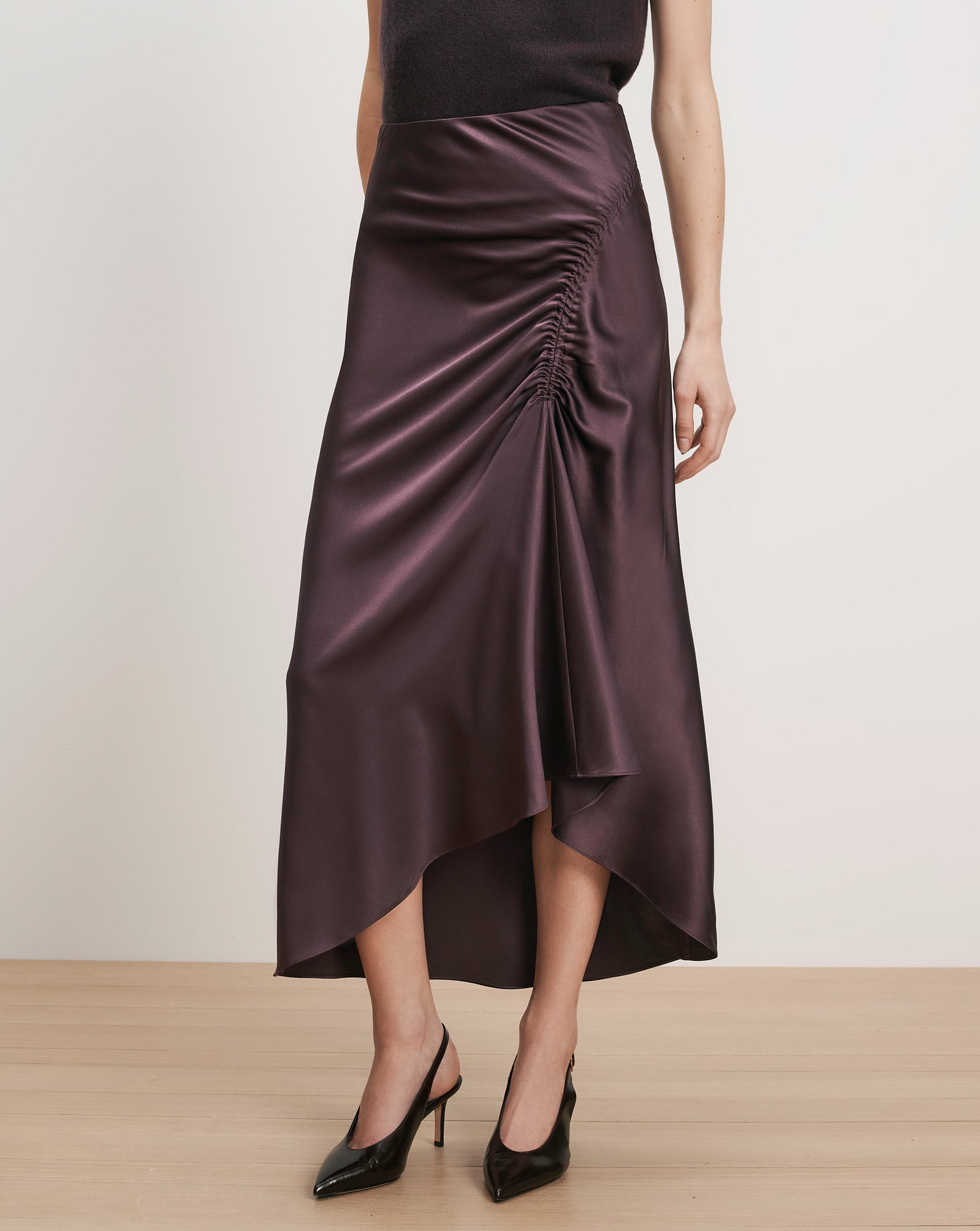 Veronica Beard Plum satin ruched midi skirt