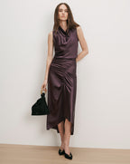 Veronica Beard Plum satin cowl neck ruched midi dress.