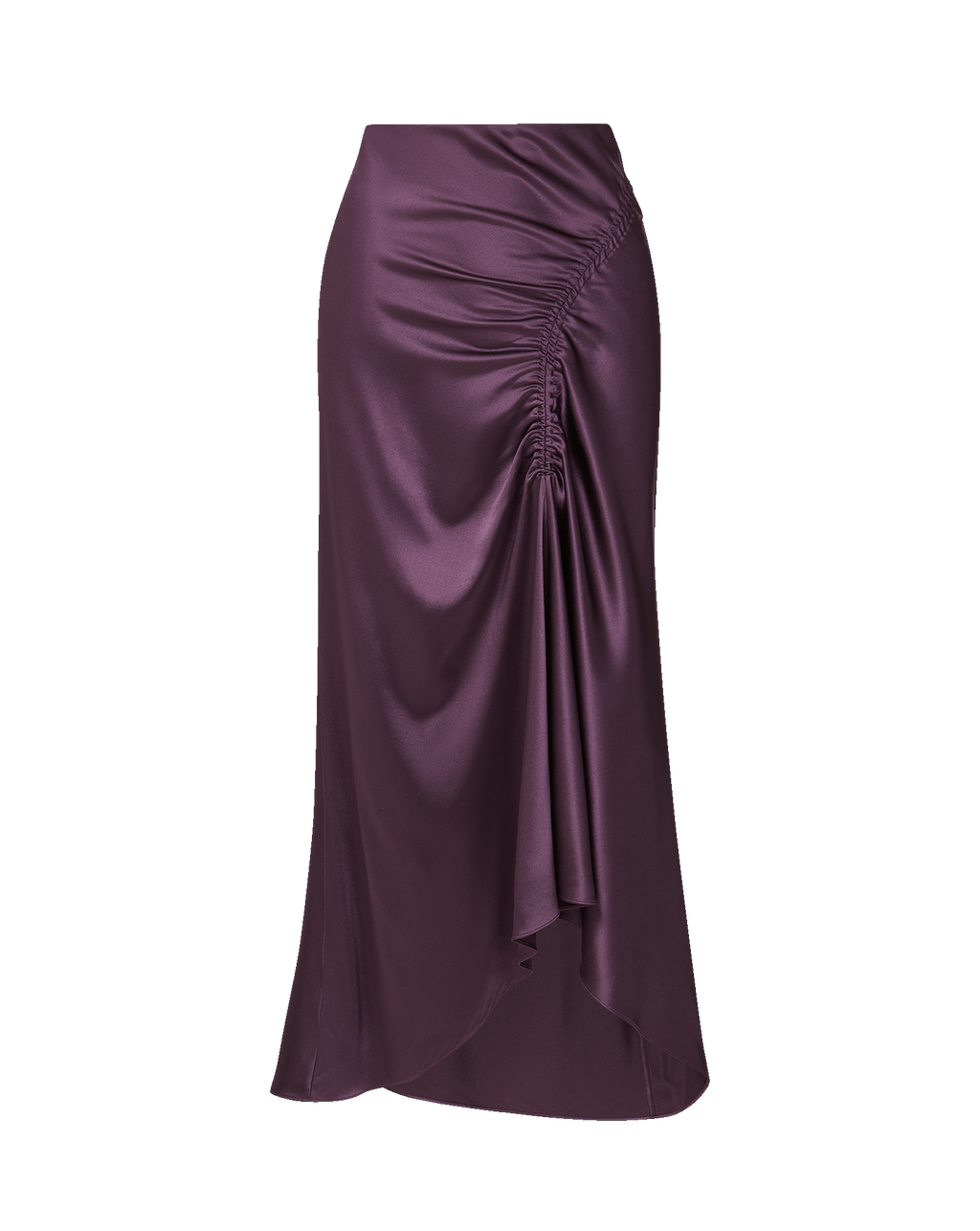 Veronica Beard Purple satin midi skirt with side ruching detail.