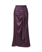Veronica Beard Purple satin midi skirt with side ruching detail.