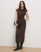 Veronica Beard Brown midi dress, ruched waist, cap sleeves.