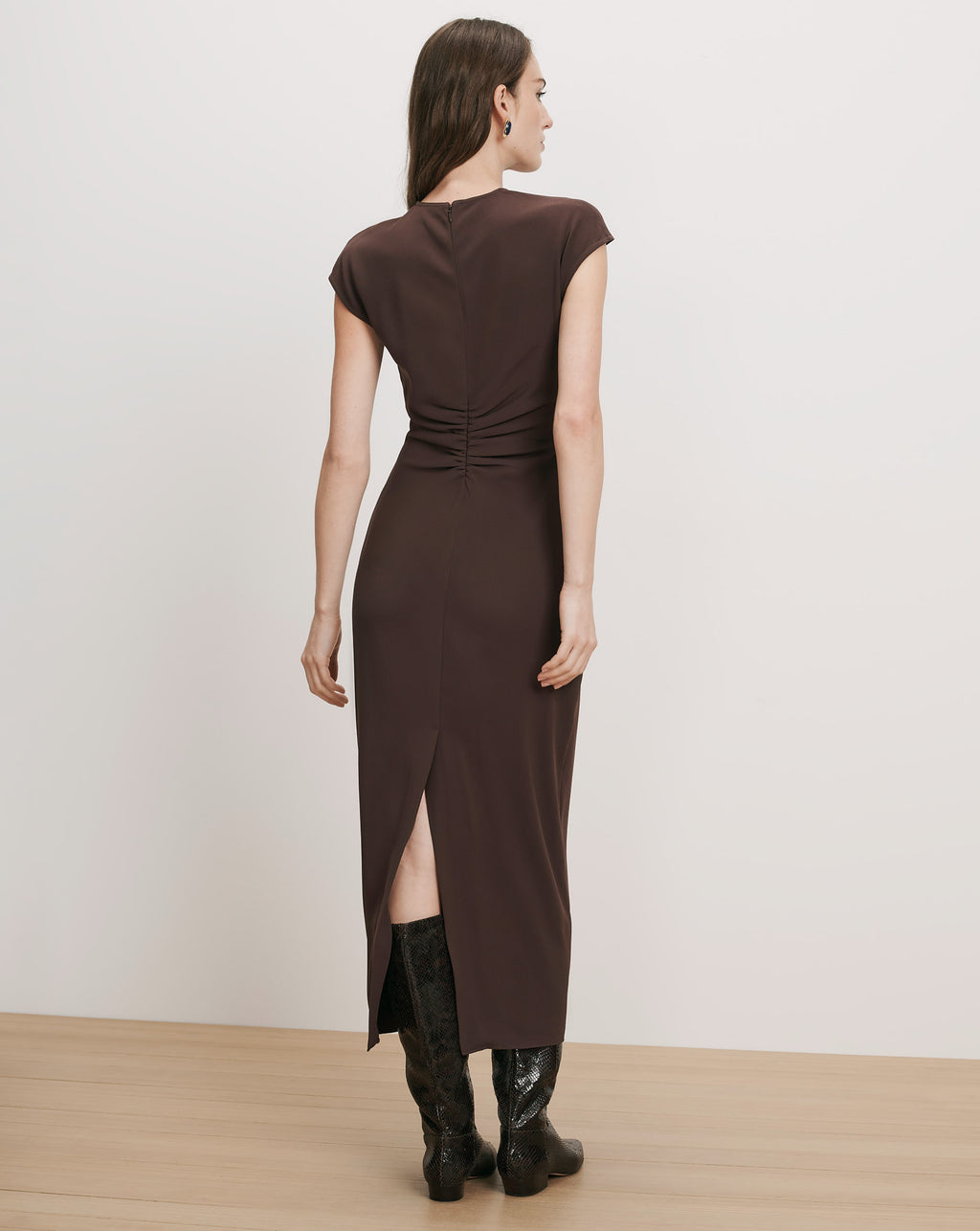 Veronica Beard Brown midi dress, ruched waist, back slit.