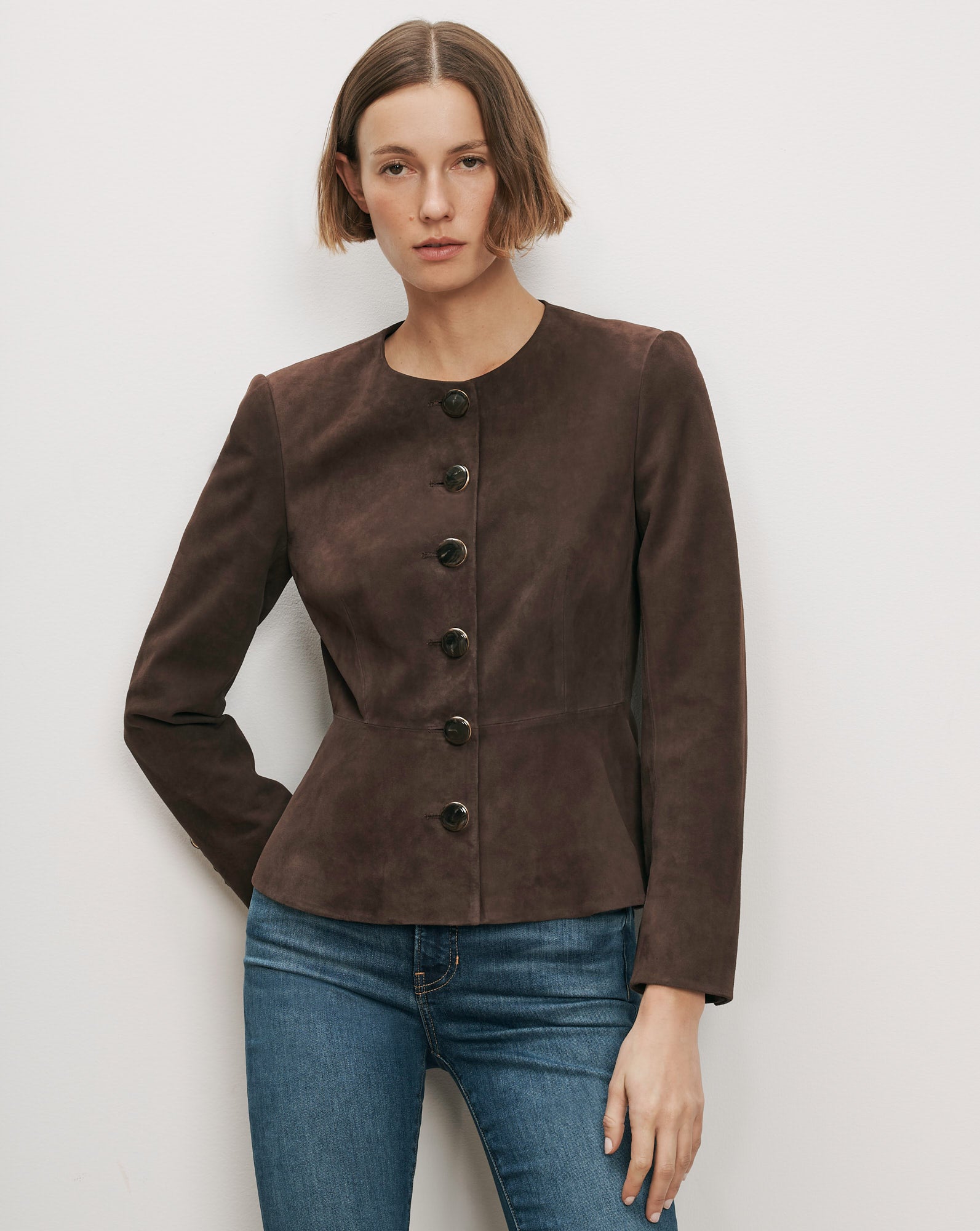Veronica Beard Brown suede peplum jacket with round buttons.