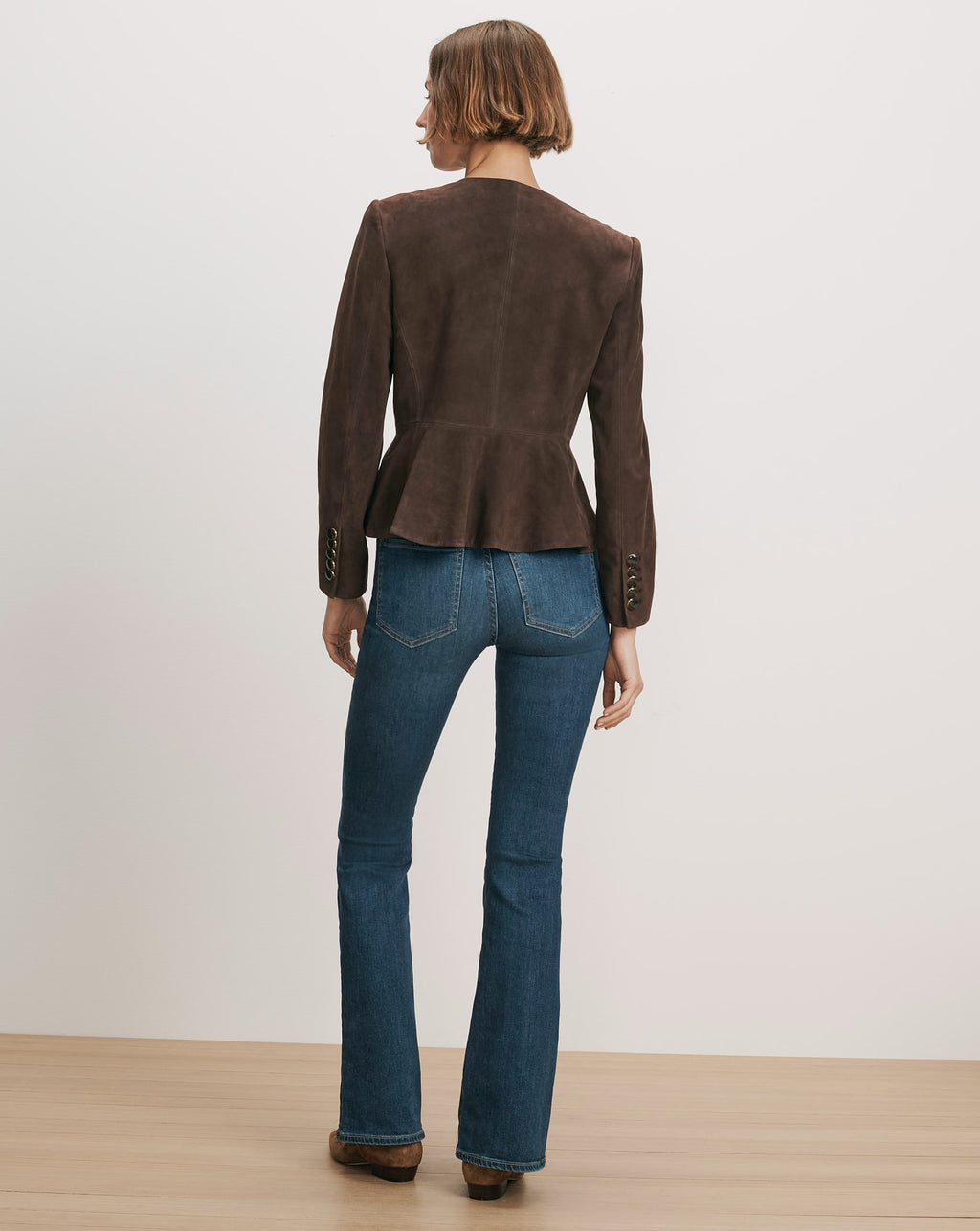 Veronica Beard Brown suede peplum jacket with gold buttons.