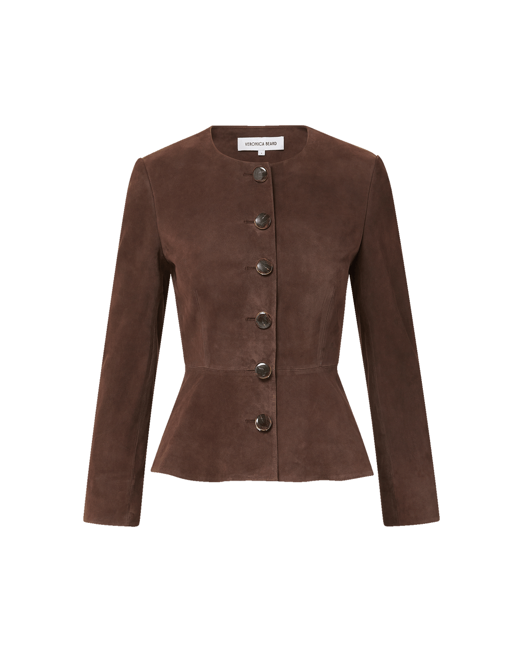 Veronica Beard Brown suede peplum jacket with button front.