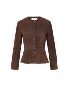 Veronica Beard Brown suede peplum jacket with button front.