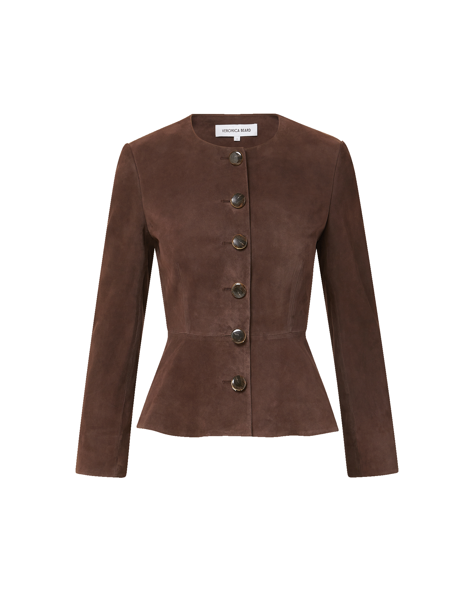 Veronica Beard Brown suede peplum jacket with button front.