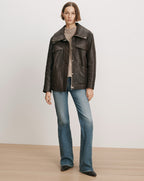 Veronica Beard Brown leather jacket with large collar and pockets.