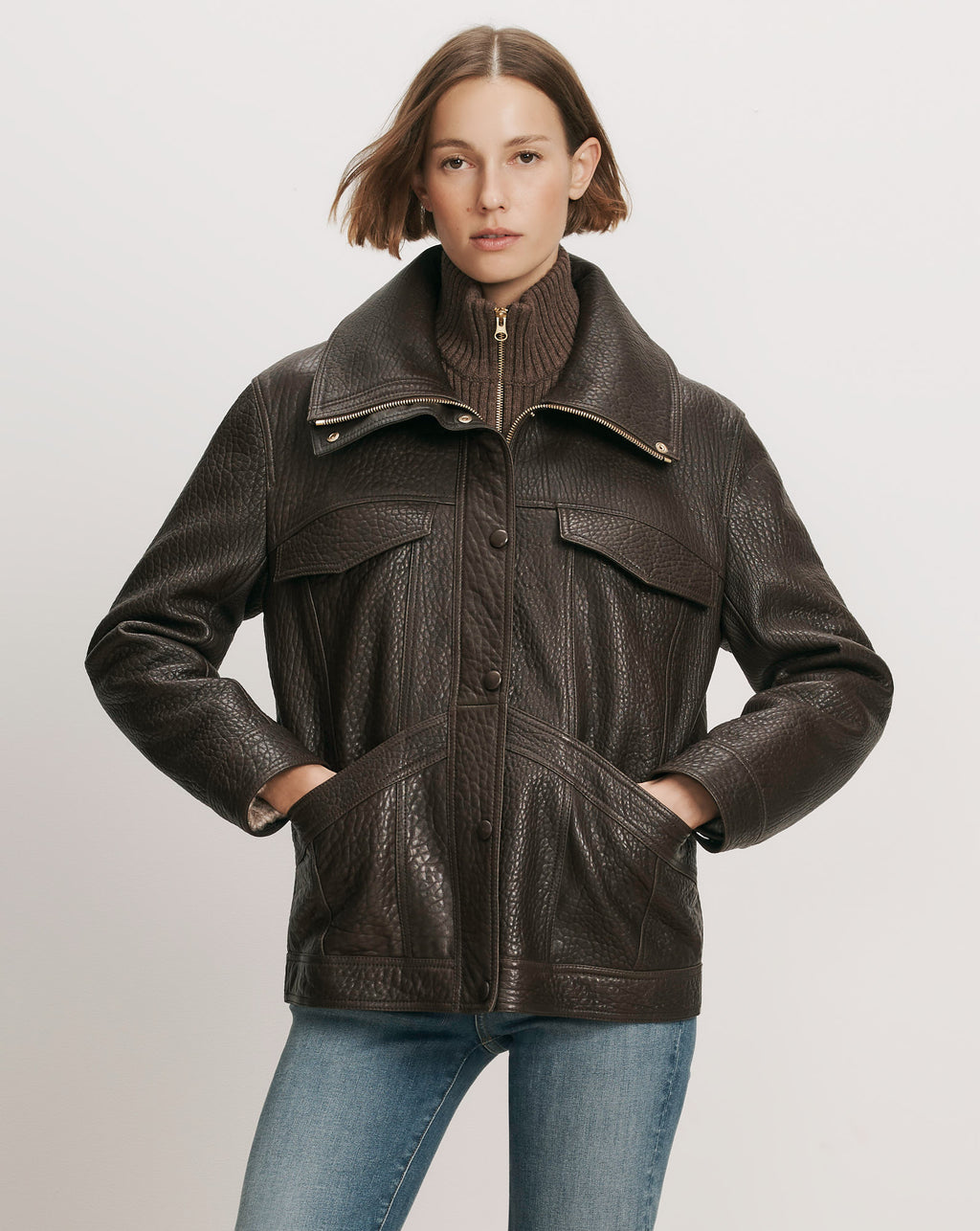 Veronica Beard Brown textured leather jacket with large collar.