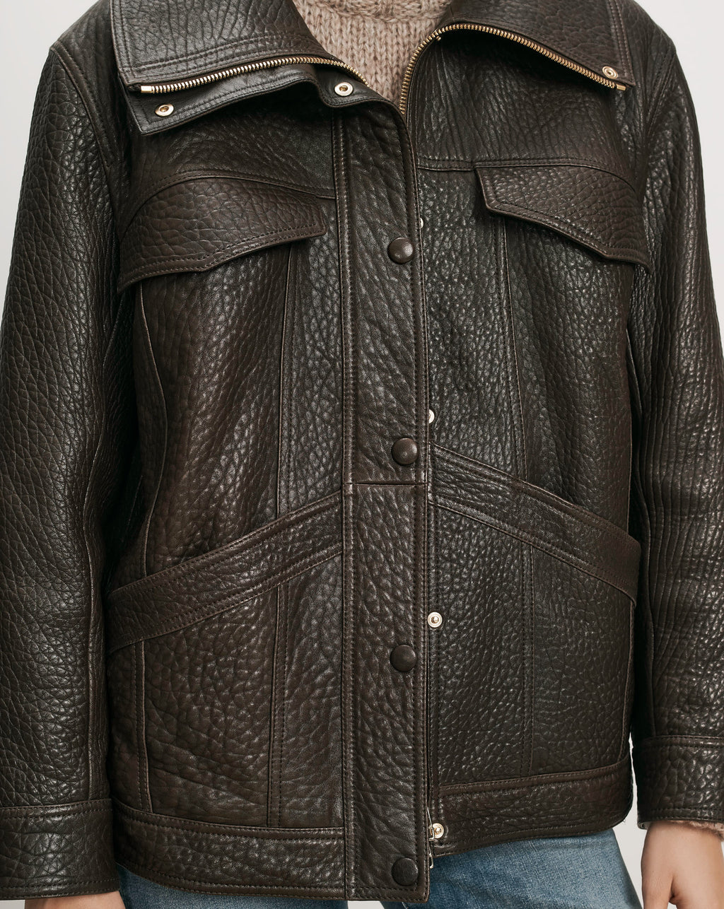 Veronica Beard Brown leather jacket with large collar and pockets.