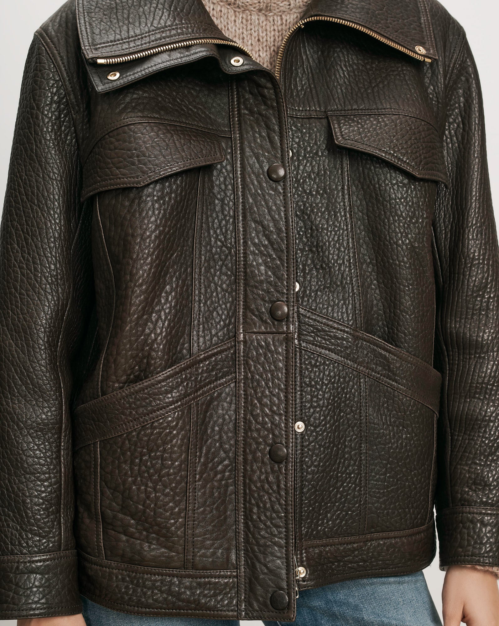 Veronica Beard Brown leather jacket with large collar and pockets.