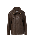Veronica Beard Brown leather jacket with large collar and pockets.