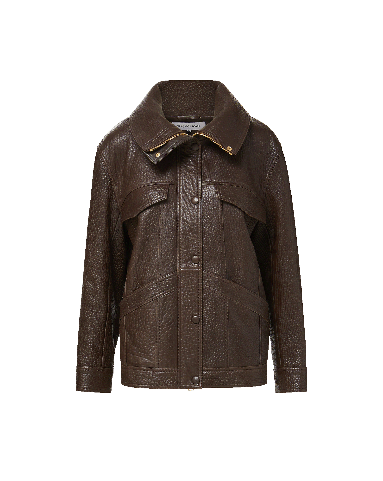 Veronica Beard Brown leather jacket with large collar and pockets.