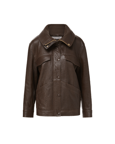 Veronica Beard Brown leather jacket with large collar and pockets.