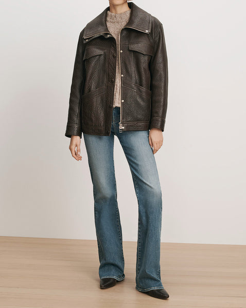 Veronica Beard Brown embossed leather zip-up jacket with front pockets.