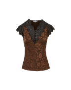 Veronica Beard Brown floral satin blouse with black lace trim.