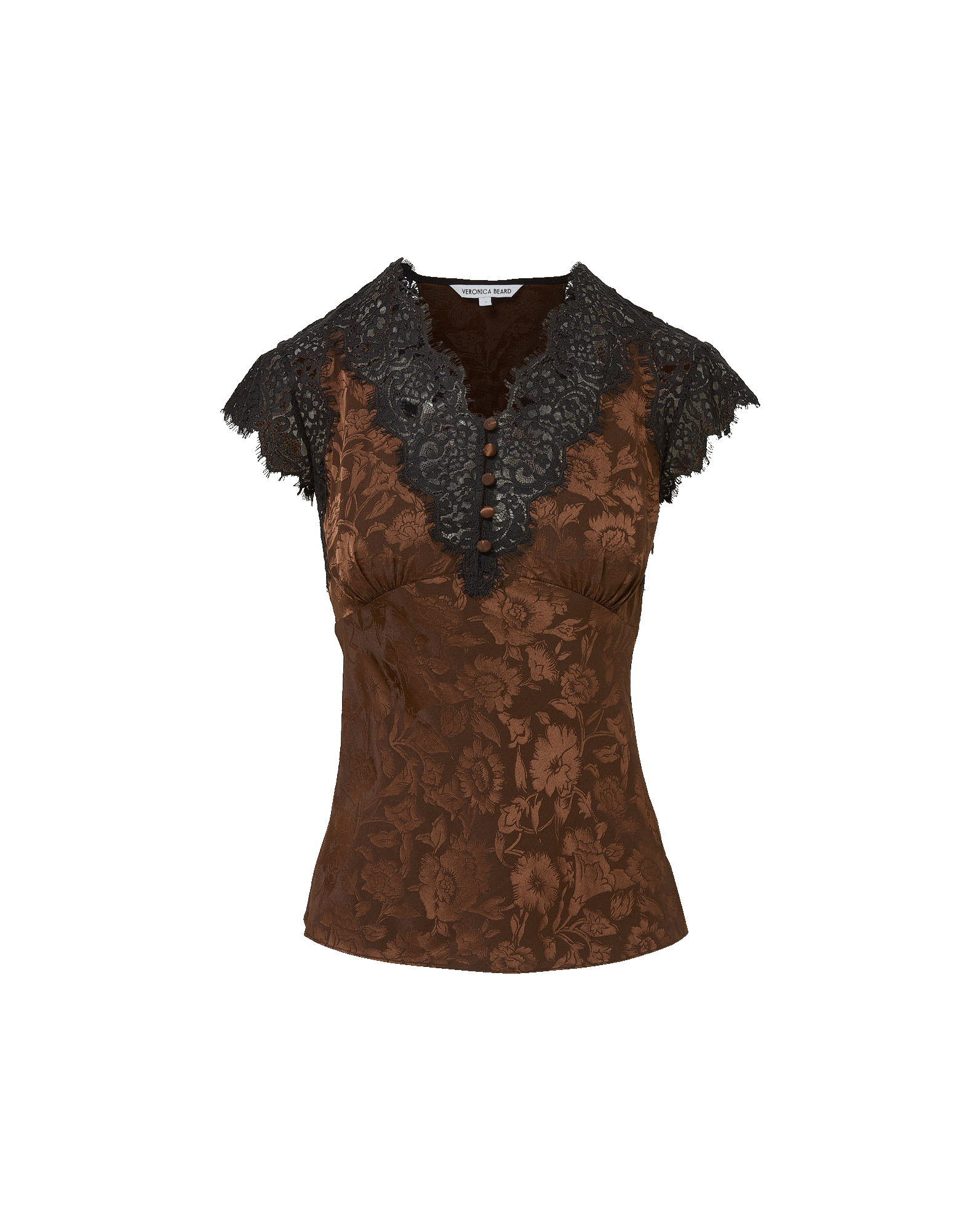 Veronica Beard Brown floral satin blouse with black lace trim.