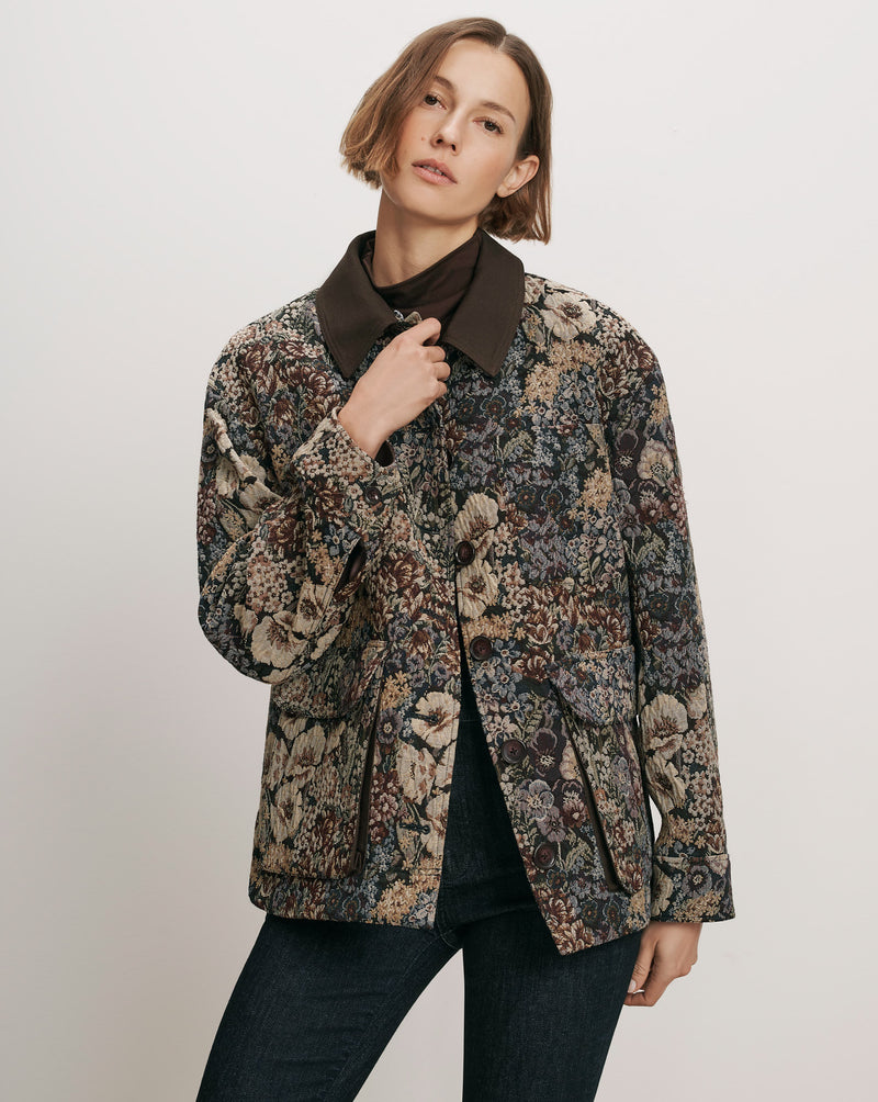 Veronica Beard Floral tapestry jacket with brown collar