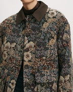 Veronica Beard Floral tapestry jacket with brown collar and buttons.