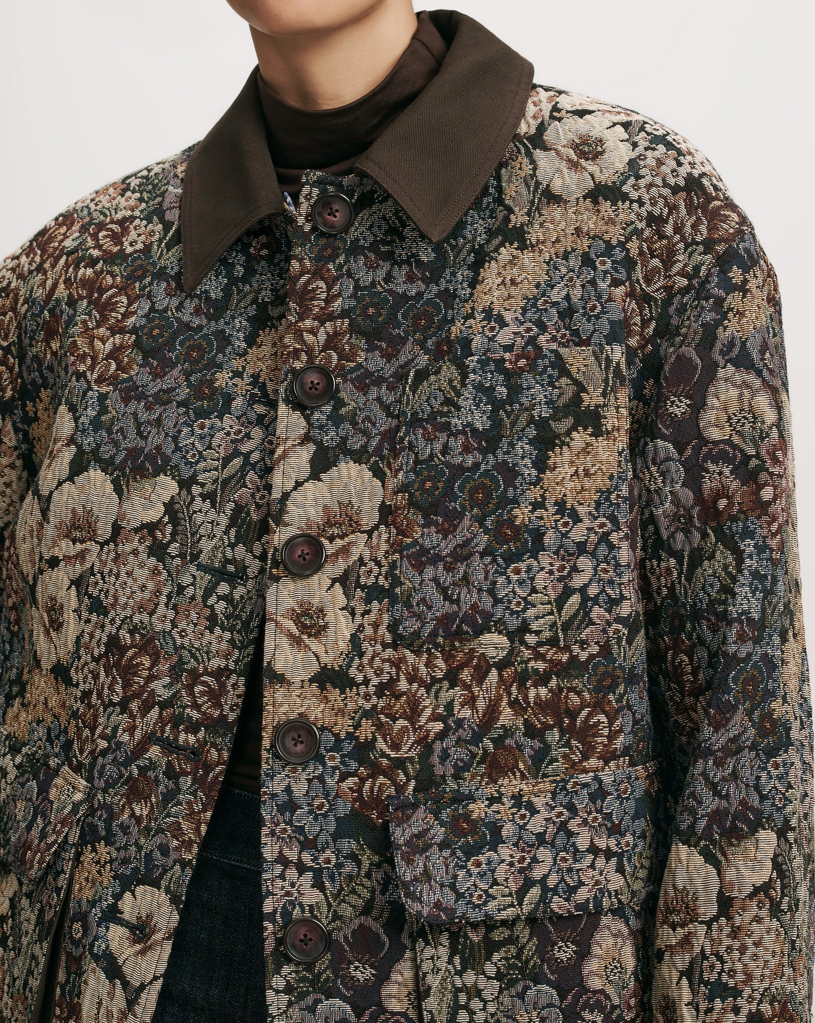 Veronica Beard Floral tapestry jacket with brown collar and buttons.