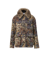 Veronica Beard Floral tapestry jacket with faux fur collar.