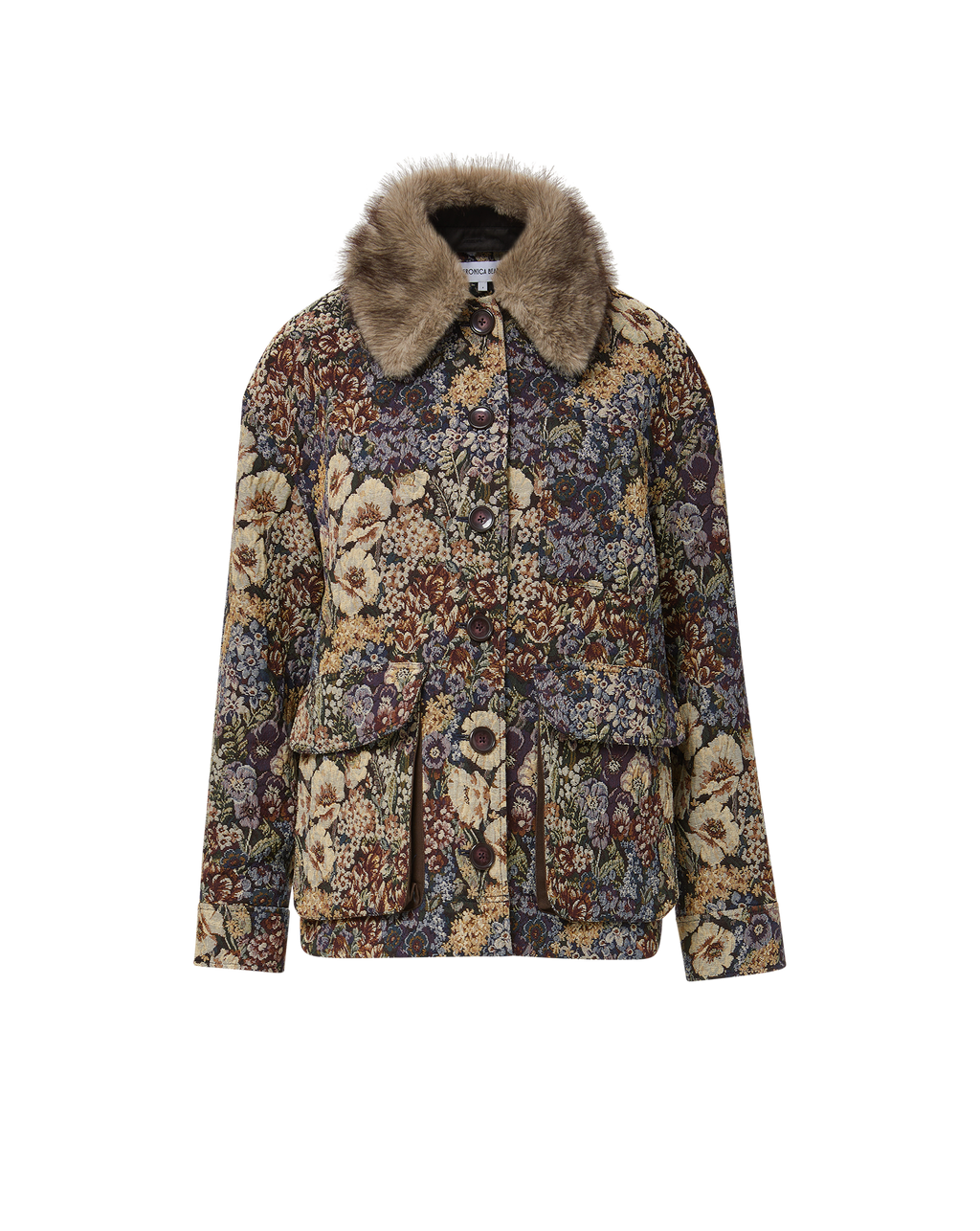 Veronica Beard Floral tapestry jacket with faux fur collar.