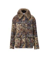 Veronica Beard Floral tapestry jacket with faux fur collar.