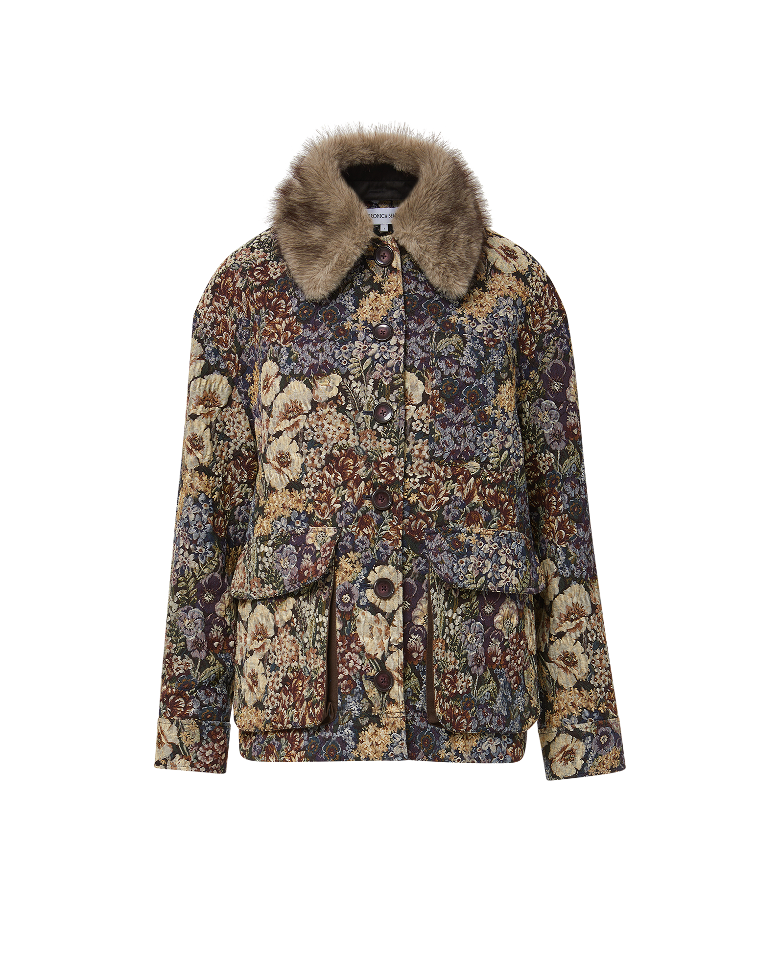 Veronica Beard Floral tapestry jacket with faux fur collar.