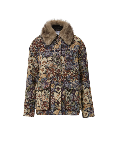 Veronica Beard Floral tapestry jacket with faux fur collar.