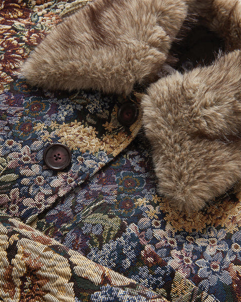 Veronica Beard Multicolor floral jacquard coat with brown faux fur collar.