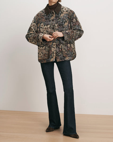 Veronica Beard Floral printed jacket with brown corduroy collar.
