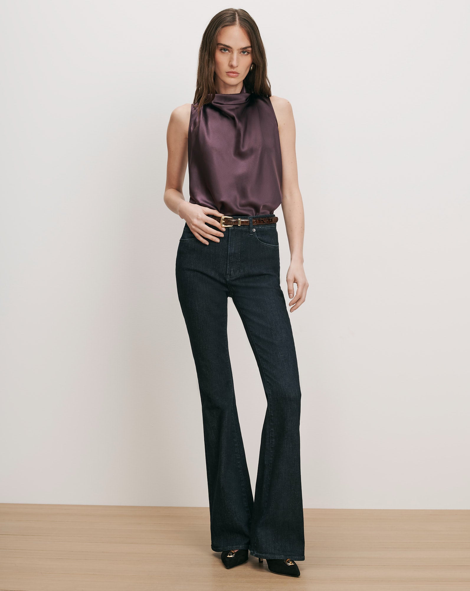 Veronica Beard Purple satin sleeveless top, dark wash flared jeans