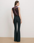 Veronica Beard Purple satin sleeveless blouse, dark wash flare jeans