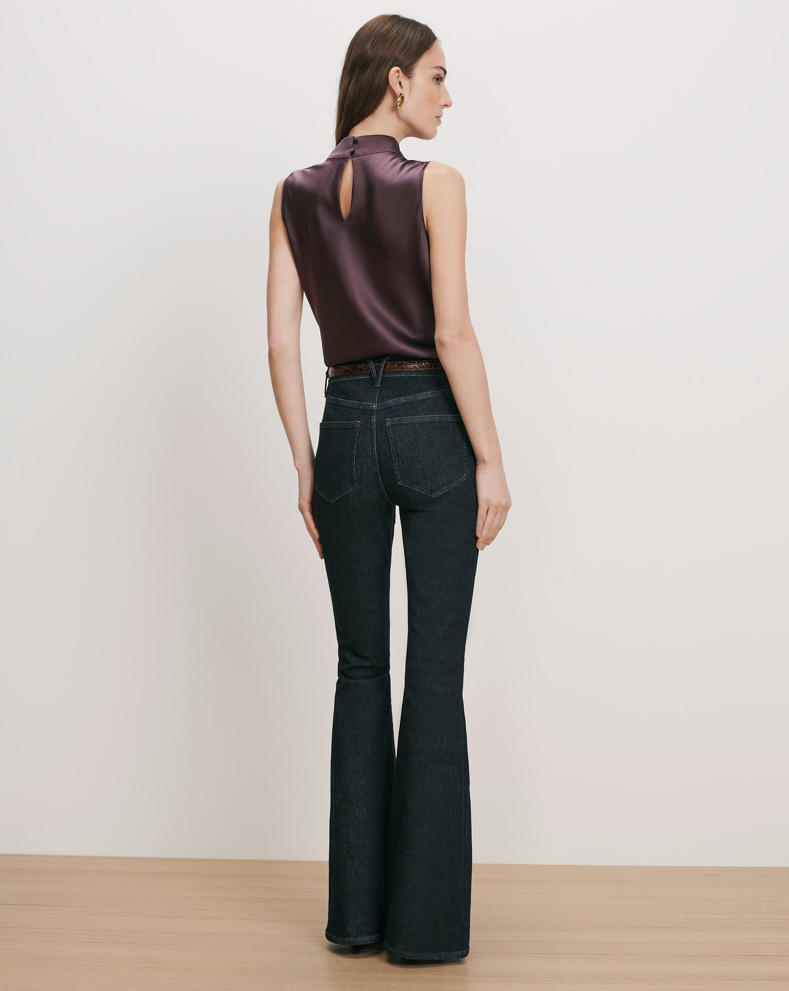 Veronica Beard Purple satin sleeveless blouse, dark wash flare jeans