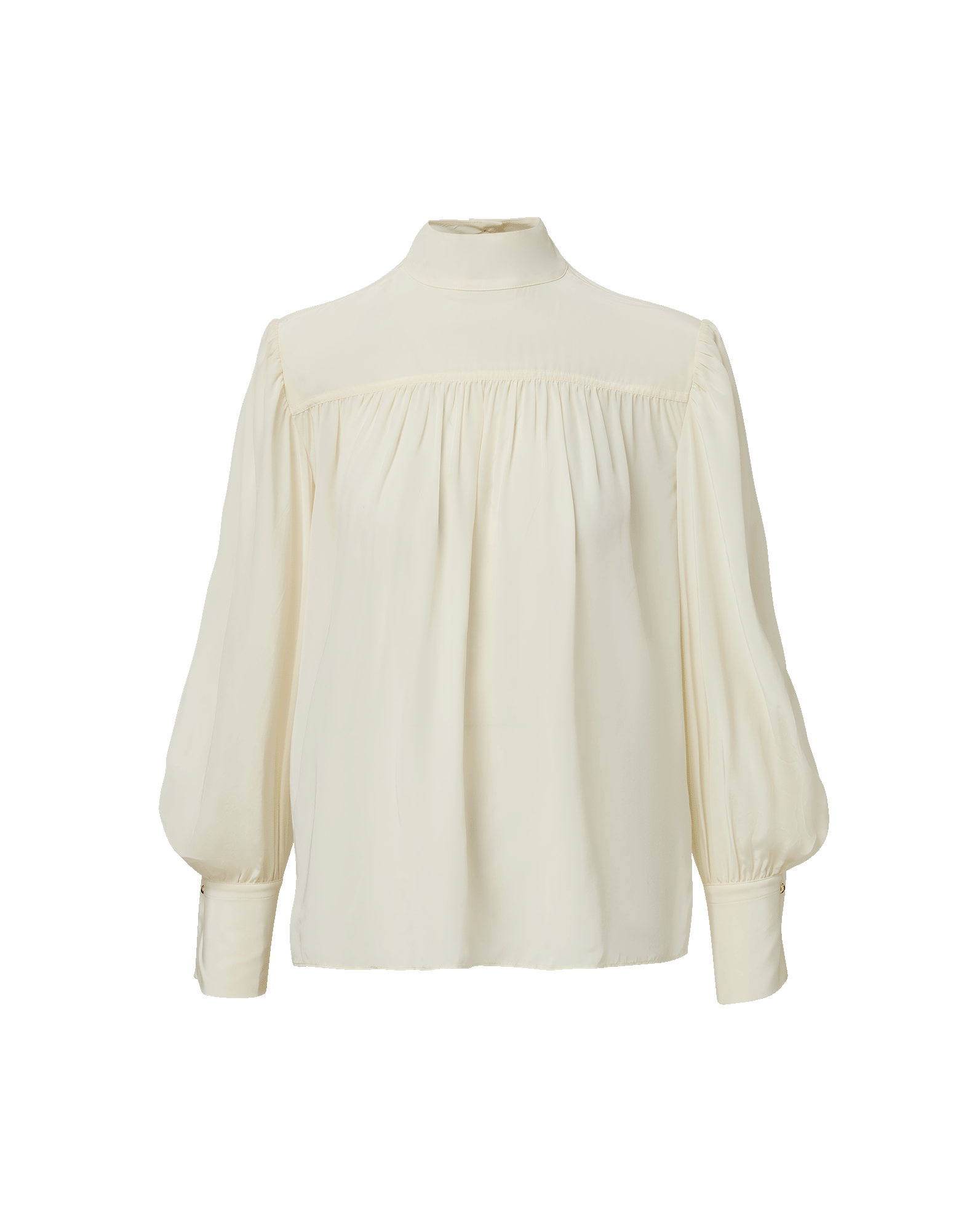 Veronica Beard Cream high-neck blouse with pleated front and puff sleeves.