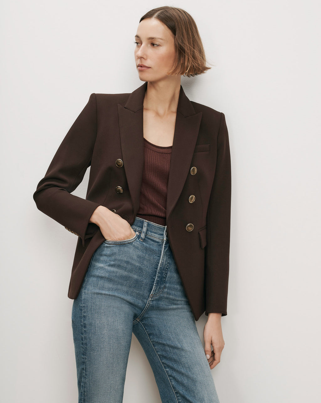 Veronica Beard Brown double-breasted blazer with gold buttons.