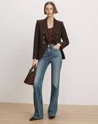 Veronica Beard Brown blazer, brown tank top, blue flare jeans.