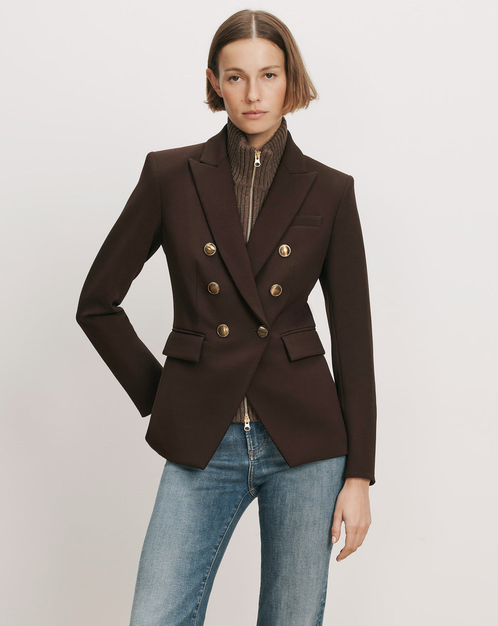 Veronica Beard Brown double-breasted blazer with gold buttons.
