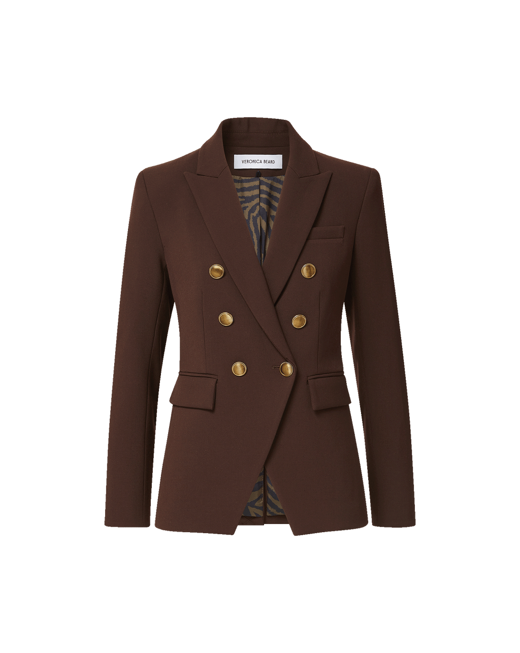 Veronica Beard Brown double-breasted blazer with gold buttons.