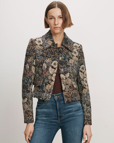 Veronica Beard Floral tapestry cropped jacket with gold buttons.