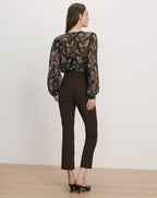 Veronica Beard Black floral sheer blouse, brown slim-fit pants