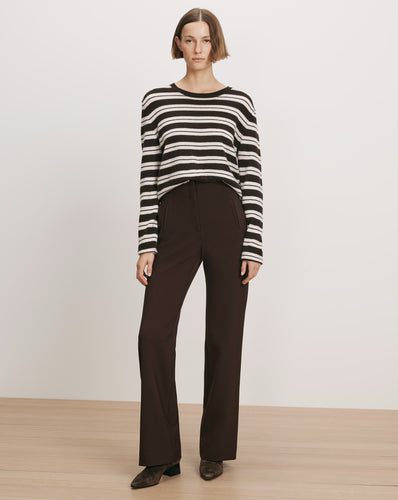 Veronica Beard Black and white striped sweater, brown trousers