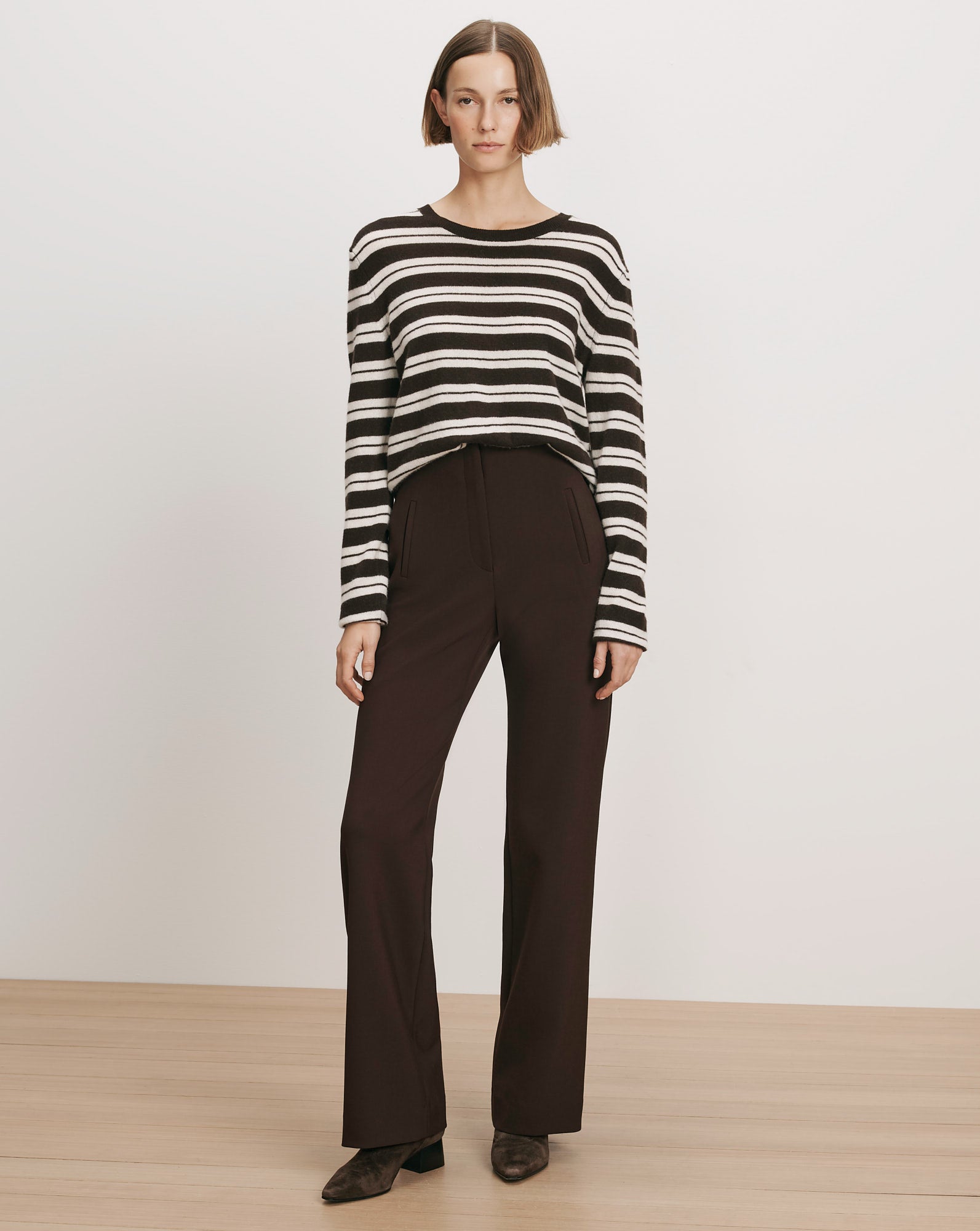 Veronica Beard Black and white striped sweater, brown trousers