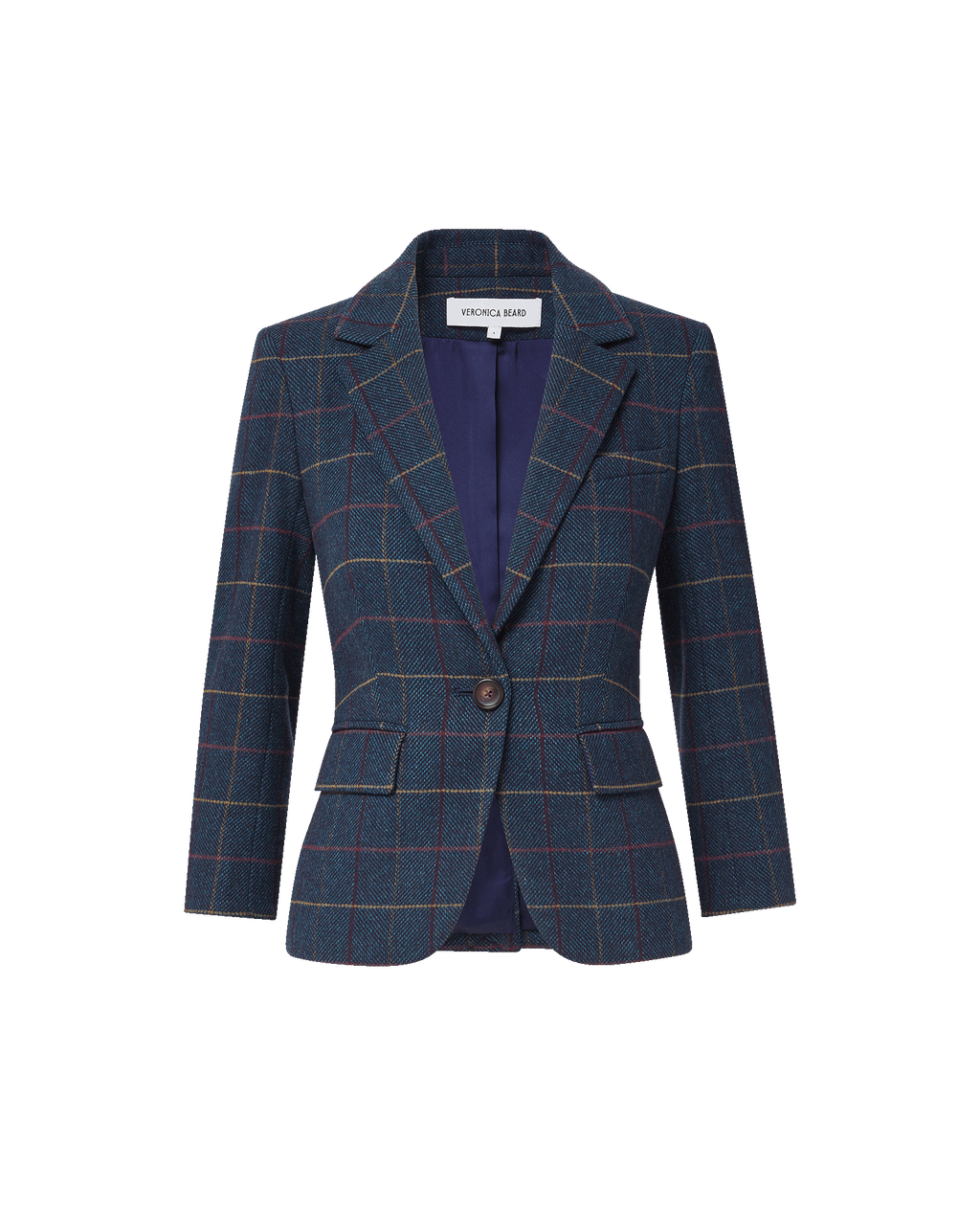 Veronica Beard Blue plaid tweed blazer with single button.