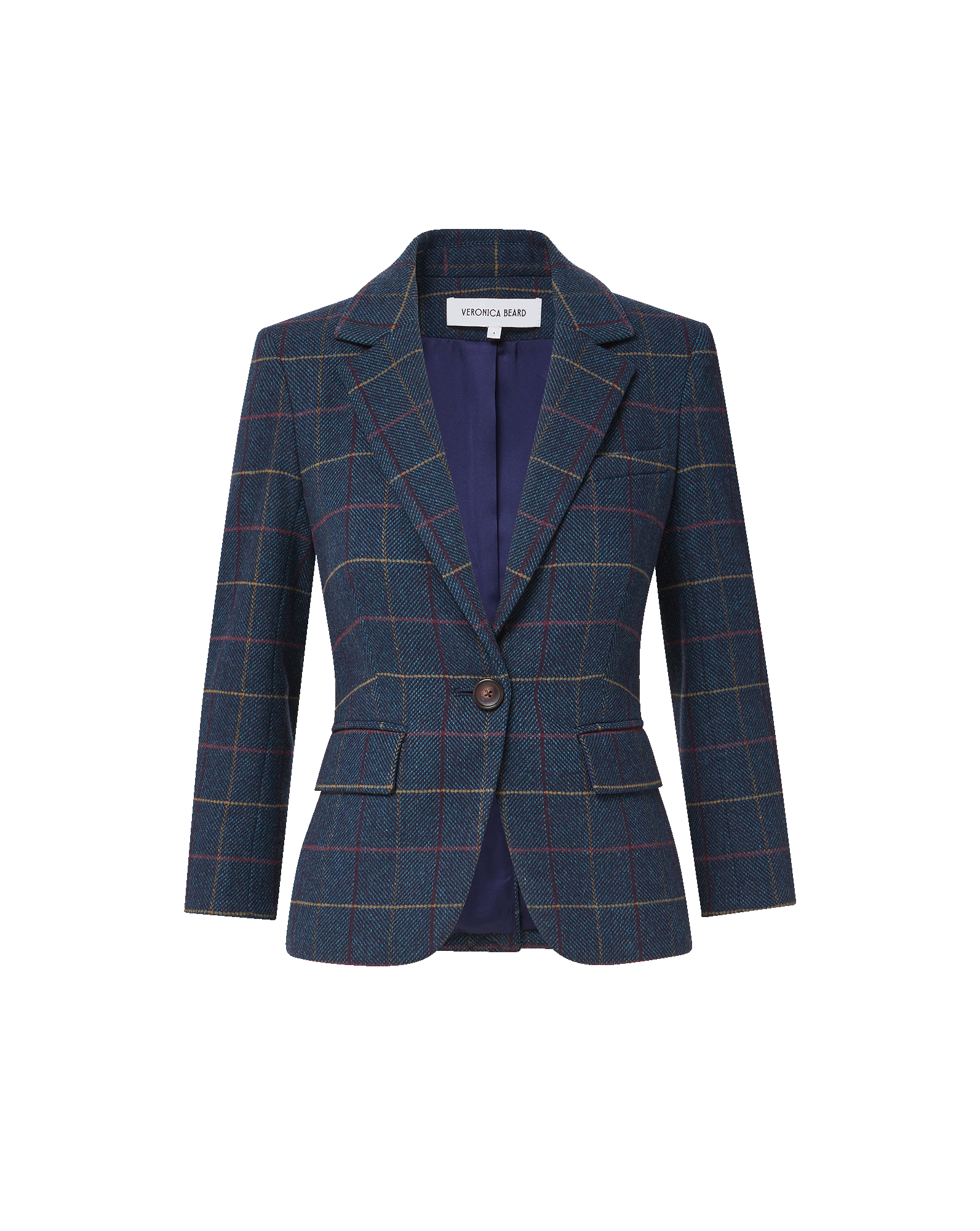 Veronica Beard Blue plaid tweed blazer with single button.