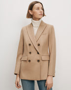 Veronica Beard Camel double-breasted wool blazer with tortoise buttons.
