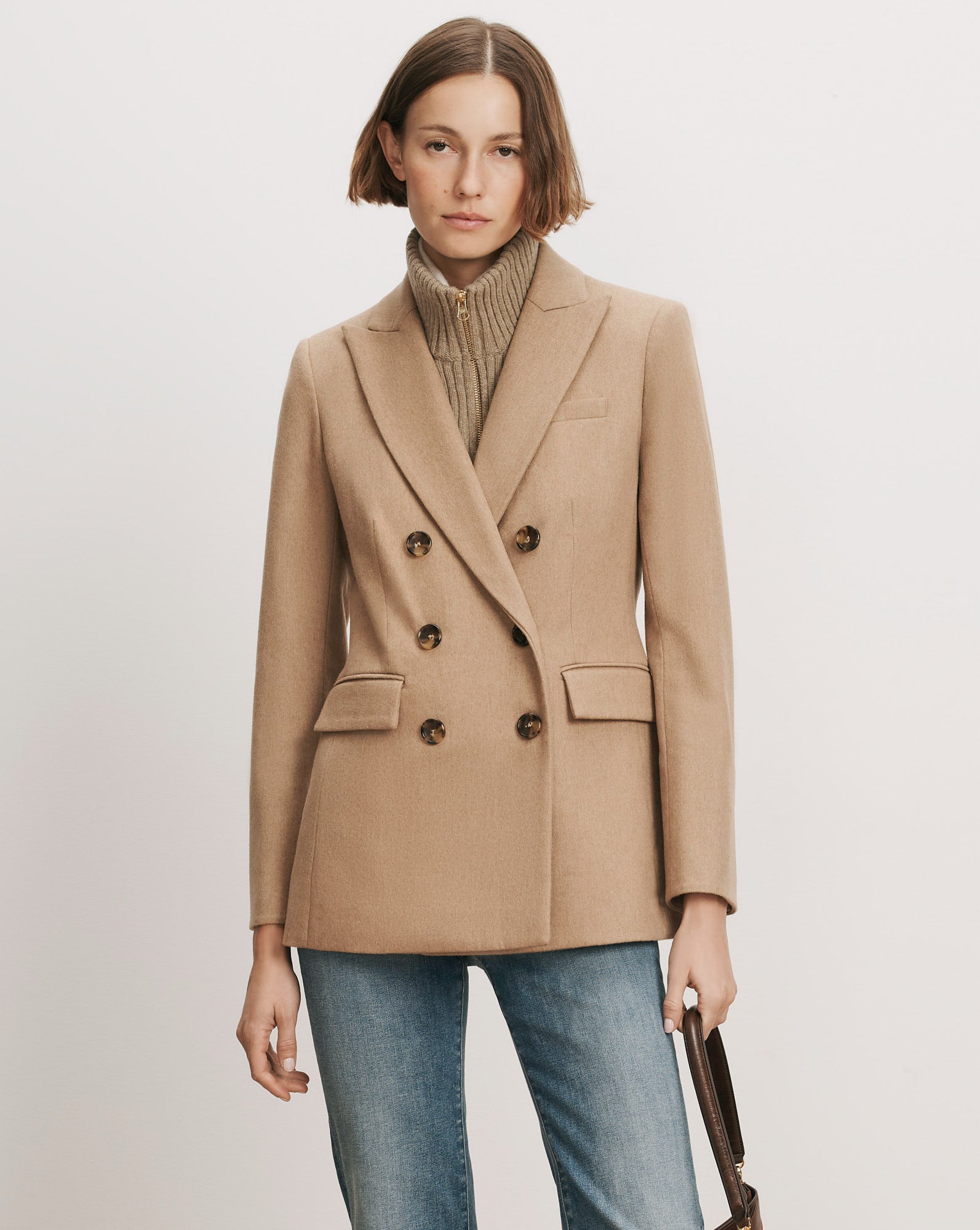 Veronica Beard Camel wool double-breasted blazer with notched lapels.