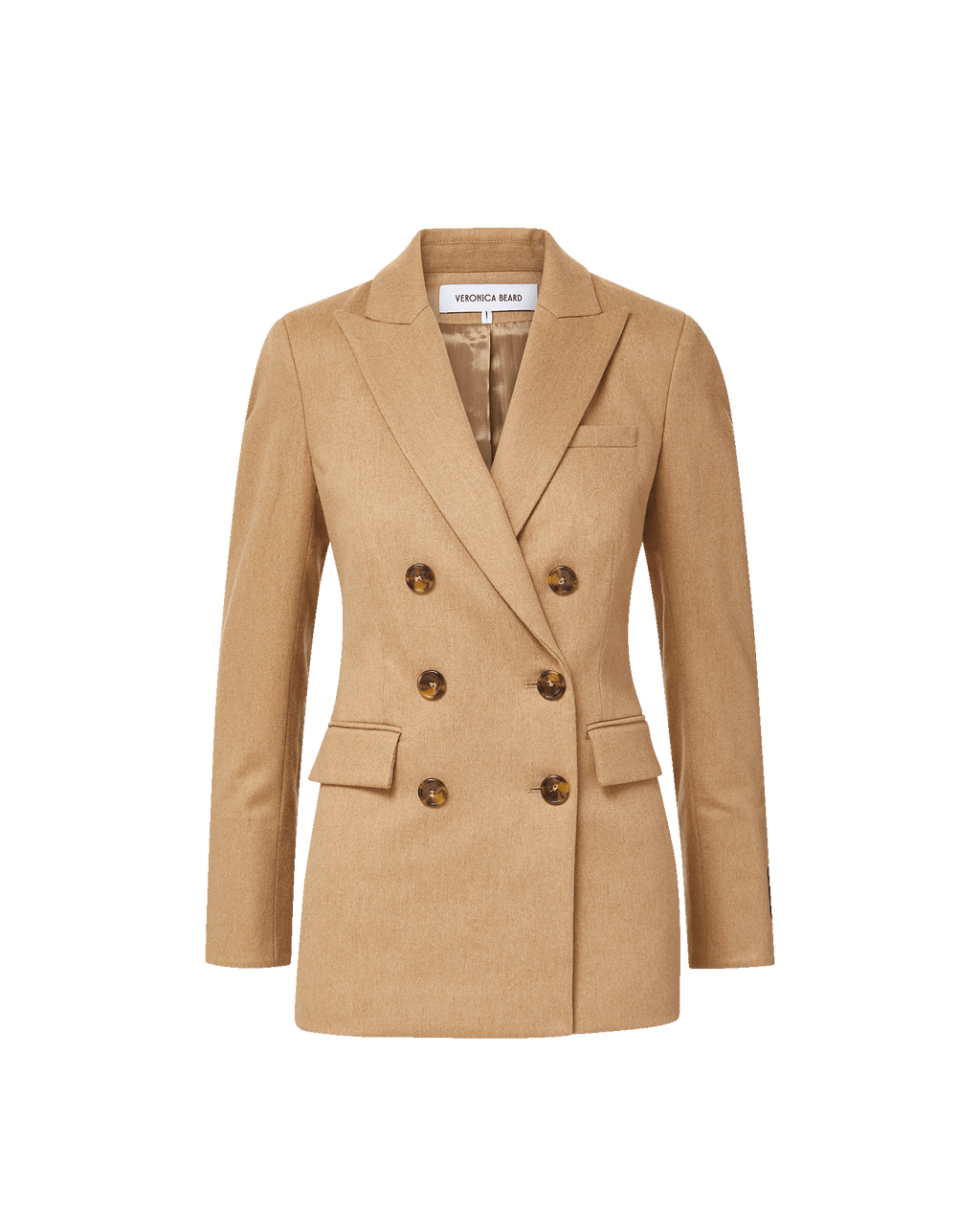 Veronica Beard Camel double-breasted blazer with tortoise buttons